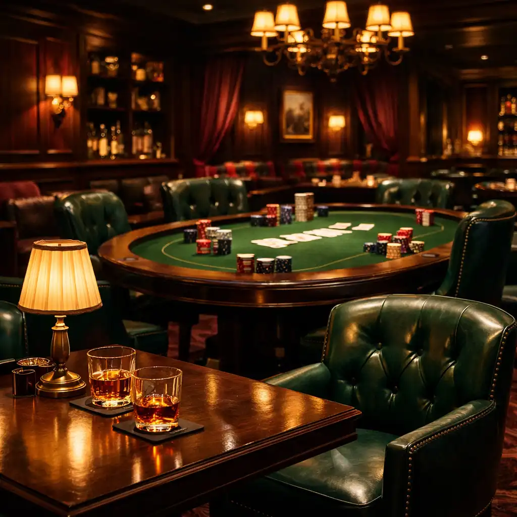 Wnętrze poker lounge Miejskio Grodek z ciemnymi stołami, szmaragdowymi fotelami i subtelnym oświetleniem