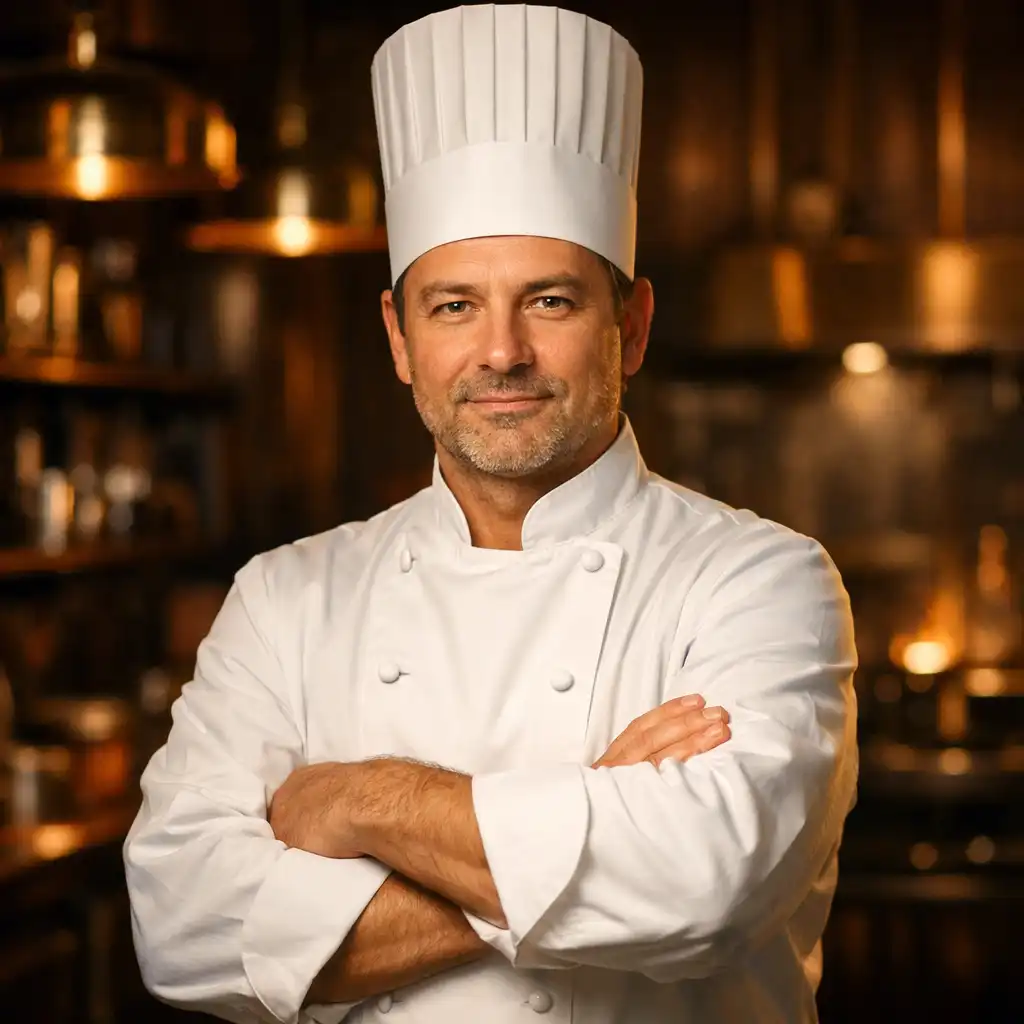 Portret szefa kuchni w białym uniformie w kuchni restauracyjnej