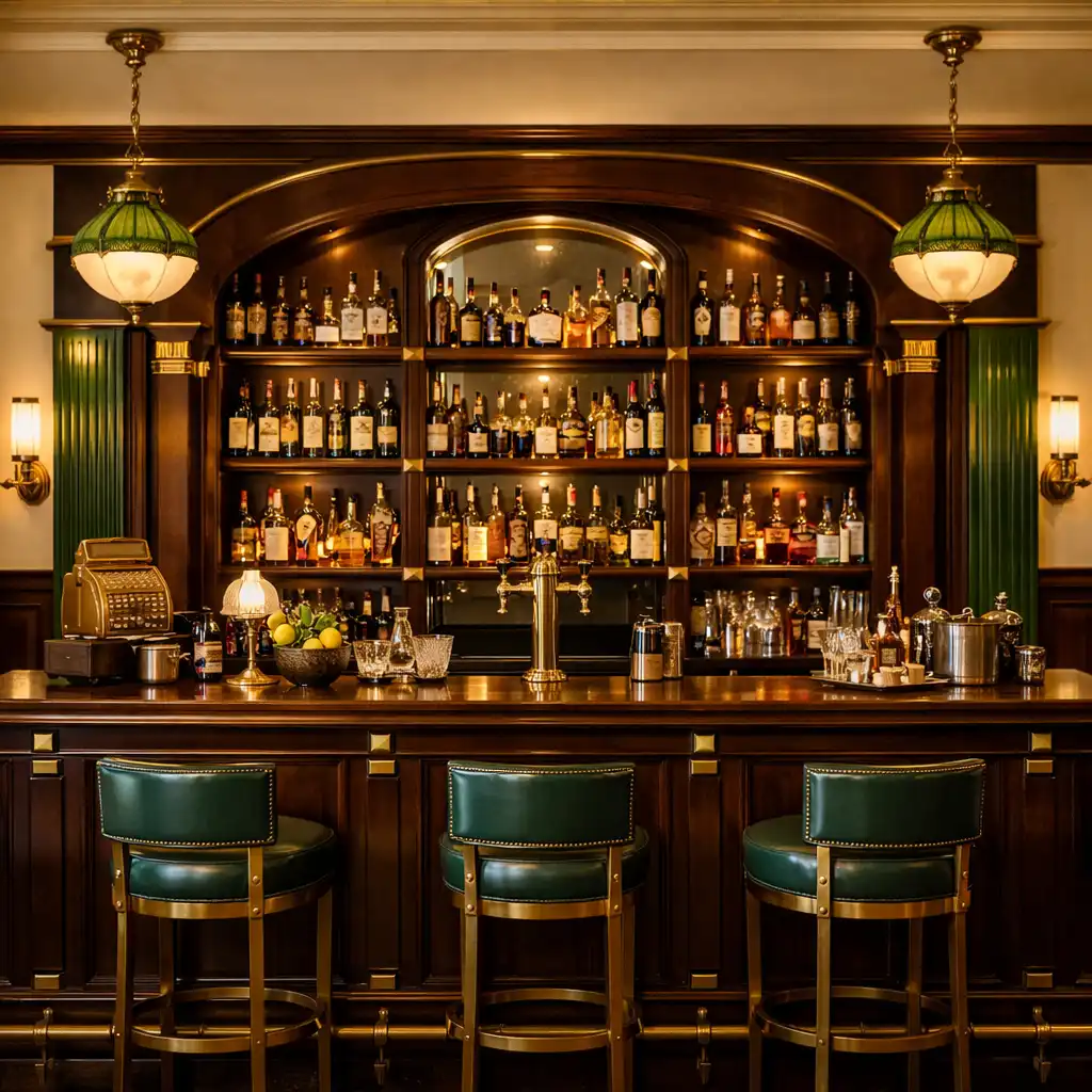 Bar w stylu art deco z ciemnego drewna i mosiężnymi detalami