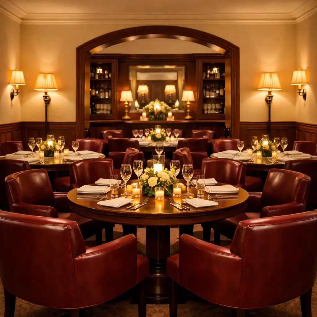 Część restauracyjna z okrągłymi stołami i skórzanymi fotelami w kolorze burgundu