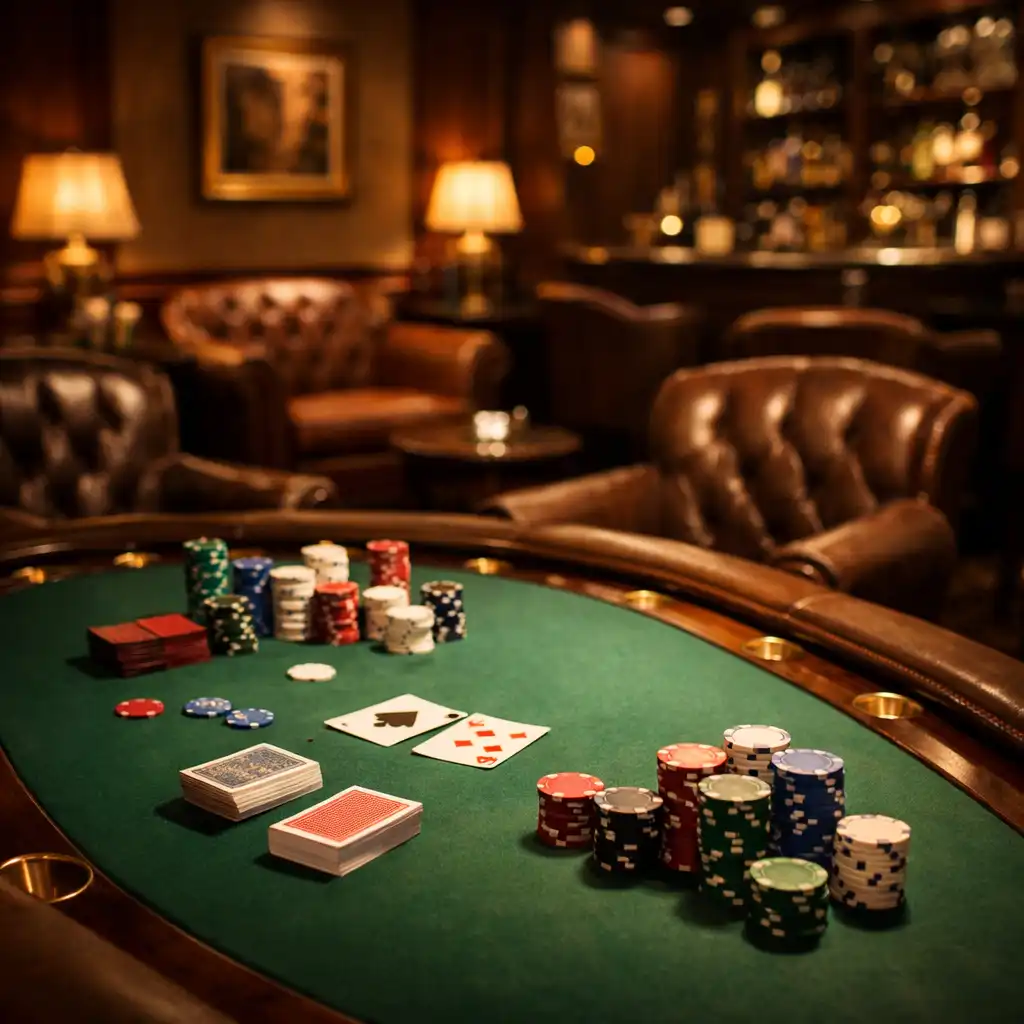 Poker lounge z profesjonalnym stołem, zielonym suknem i żetonami