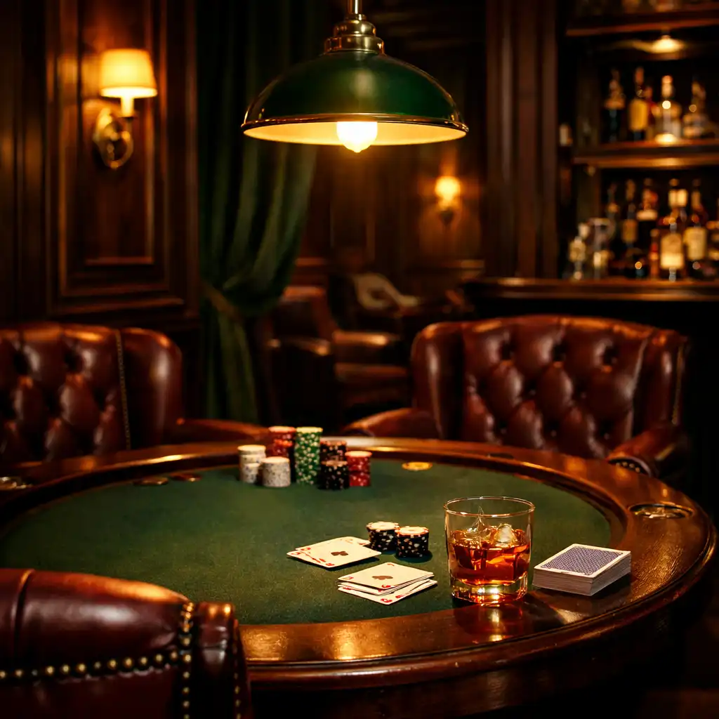 Kameralne wnętrze Poker Lounge z ciemnym drewnem, skórzanymi fotelami i zielonym stołem pokerowym