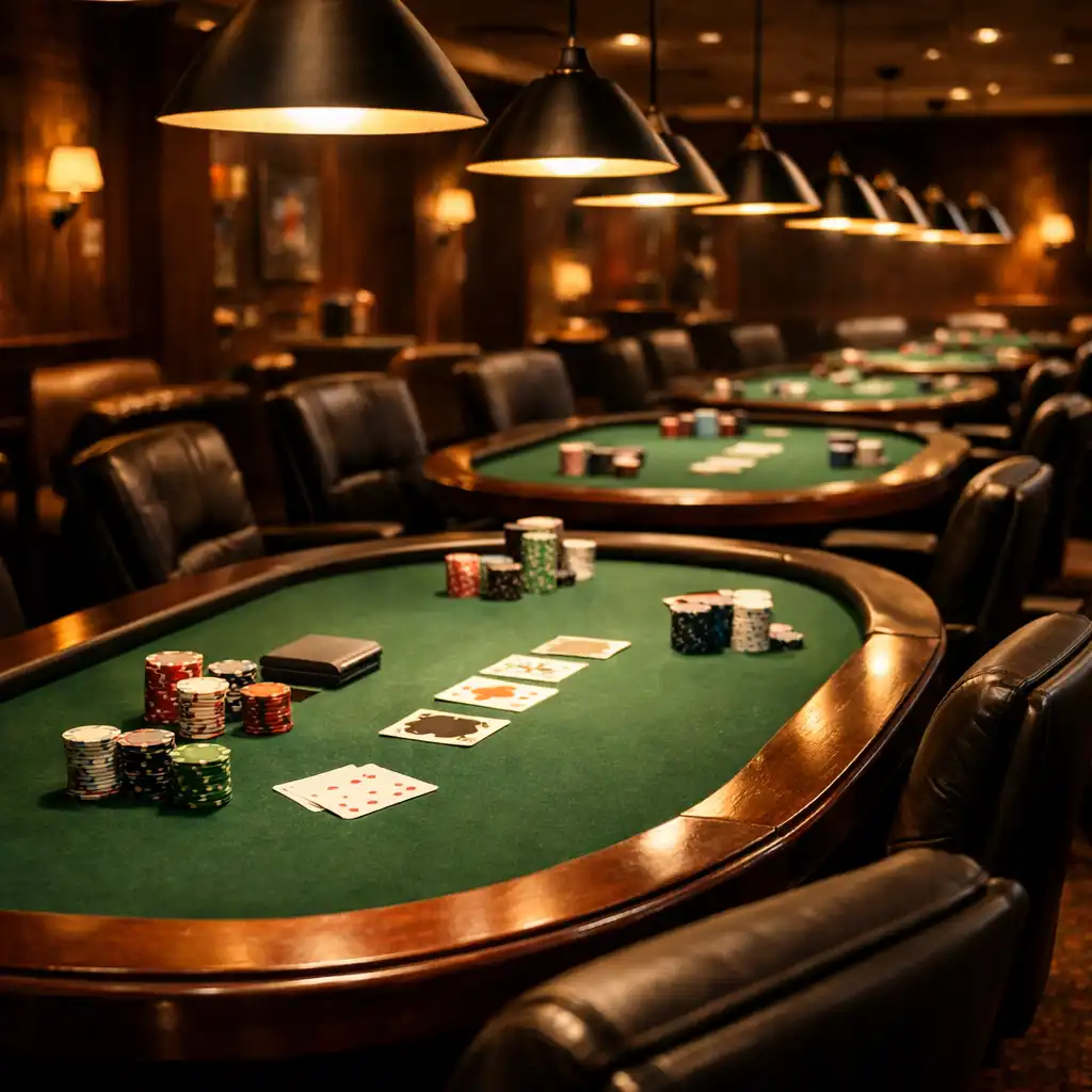 Rząd profesjonalnych stołów pokerowych z zielonym suknem i żetonami