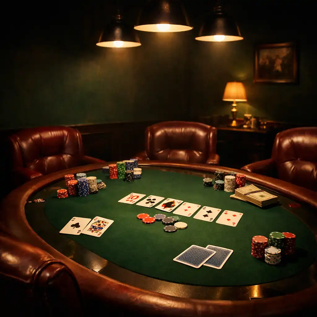 Stół pokerowy z zielonym suknem, żetonami i kartami, otoczony skórzanymi fotelami w poker lounge Miejskiego Ogrodu