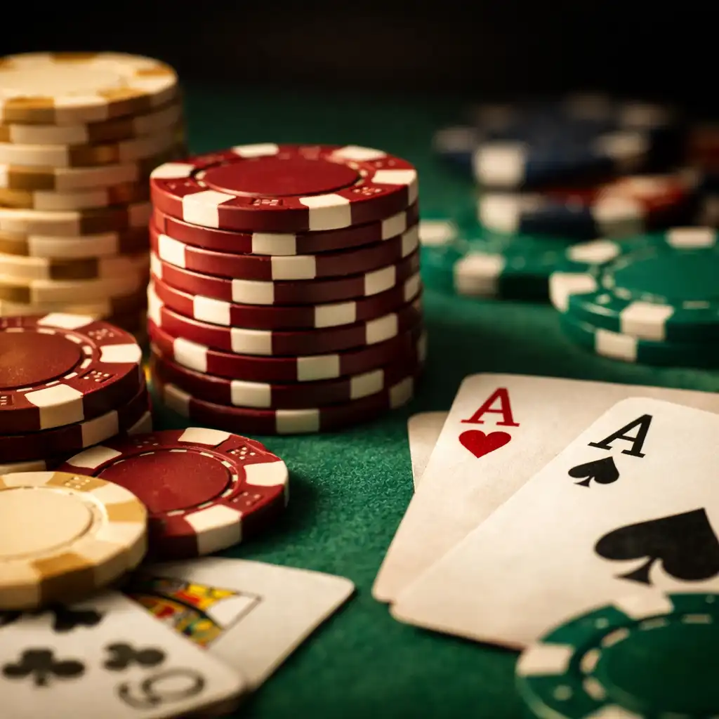 Zbliżenie na stół pokerowy z zielonym suknem, żetonami i kartami