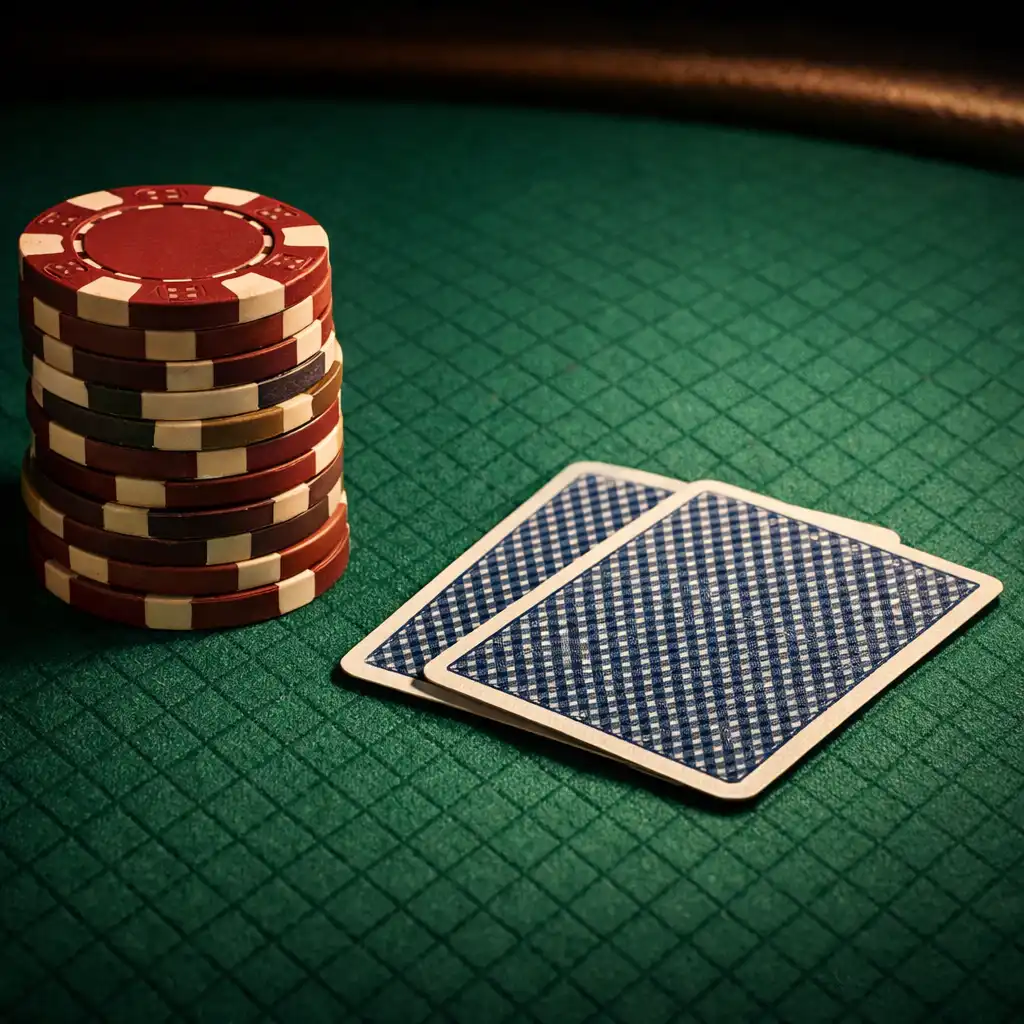 Detal profesjonalnego stołu pokerowego z zielonym filcem, żetonami i kartami