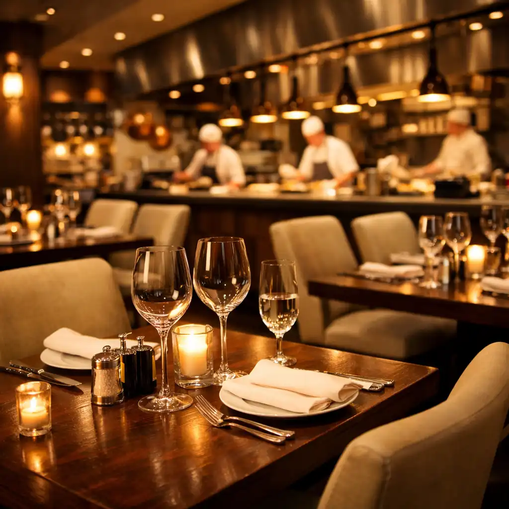 Elegancka sala restauracyjna z otwartą kuchnią, nakryty stół i ciepłe oświetlenie