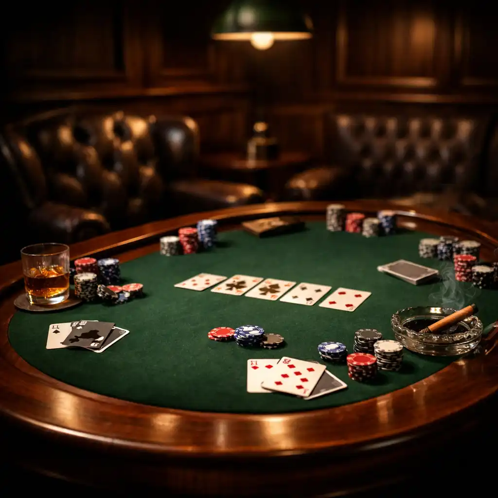 Elegancki stół pokerowy w ciemnym, klimatycznym pomieszczeniu z zielonym filcem, kartami i żetonami