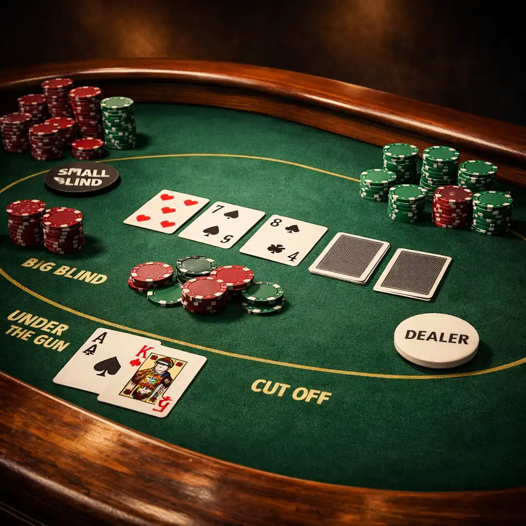 Zbliżenie na stół do Texas Hold’em z oznaczeniami pozycji, kartami i żetonami