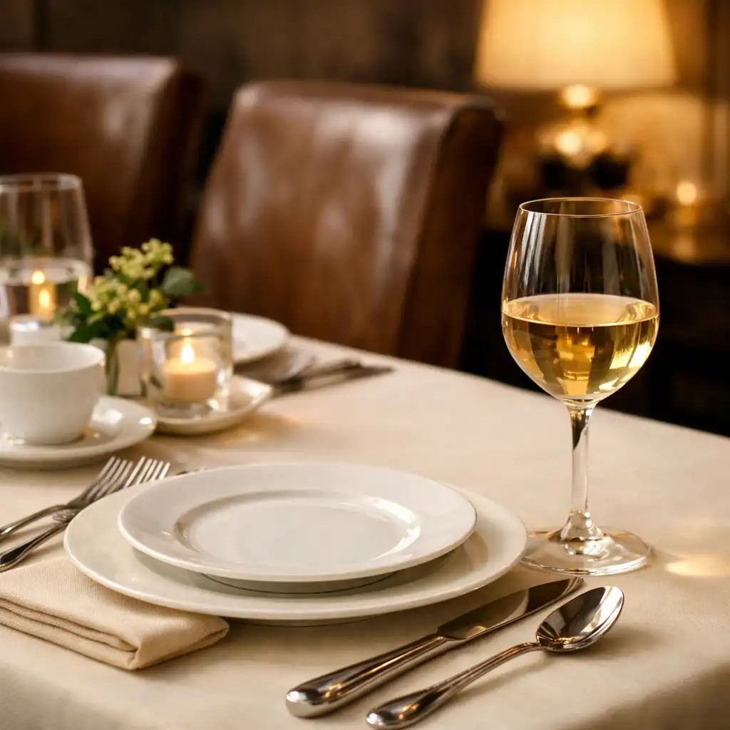 Stolik w restauracji Miejskio Grodek z kremowym obrusem, elegancką porcelaną, kieliszkiem wina i ciepłym światłem lampy