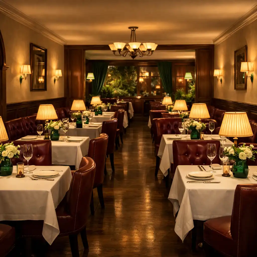 Sala główna restauracji z ciemnymi boazeriami i skórzanymi fotelami
