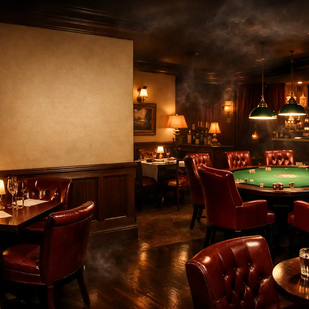 Eleganckie wnętrze restauracji i poker lounge Miejskio Grodek z ciepłym oświetleniem, skórzanymi fotelami i stołem pokerowym w tle