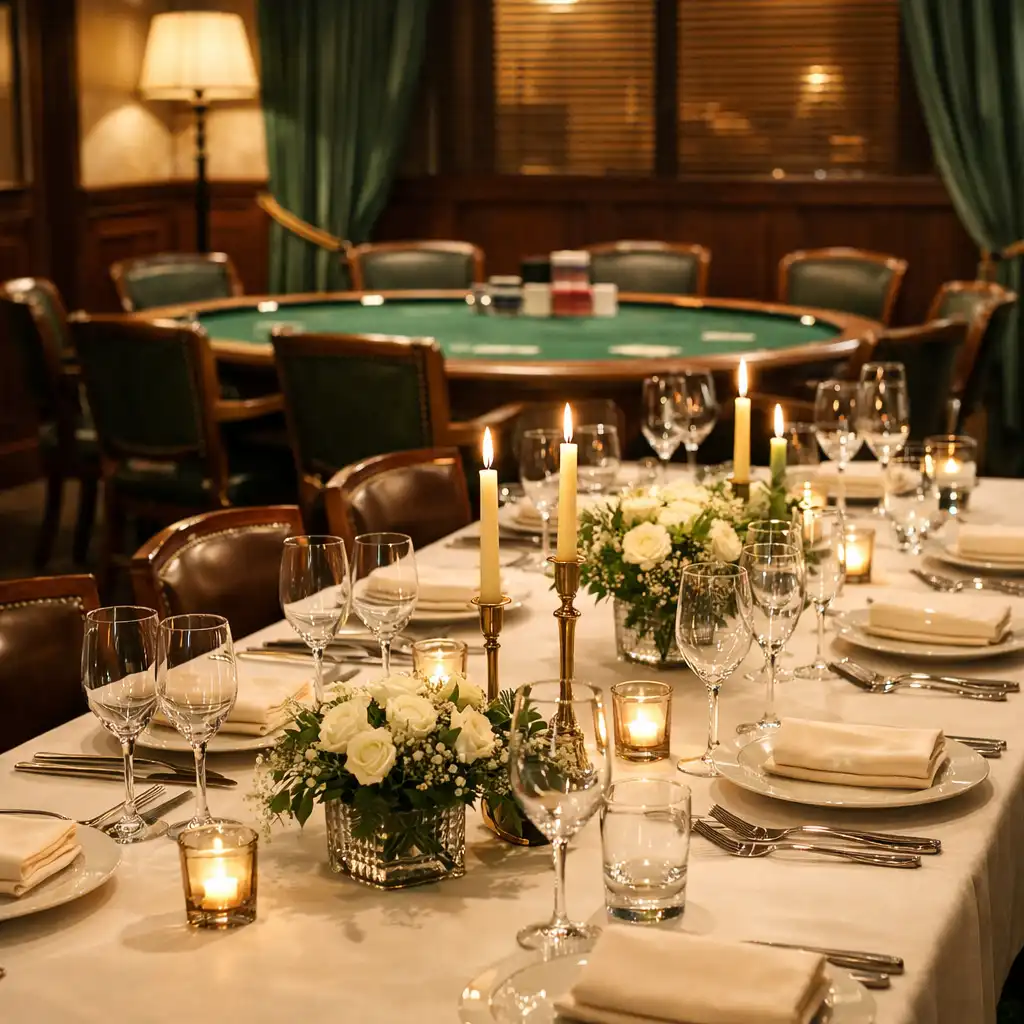 Przestrzeń restauracyjna Miejskio Grodek przygotowana na prywatne wydarzenie z długim stołem, elegancką zastawą i stołem pokerowym w tle