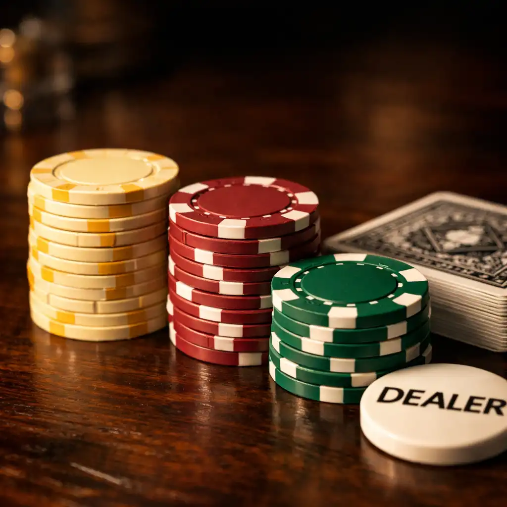 Profesjonalne wyposażenie pokerowe: stos żetonów, talia kart i dealer button na ciemnym stole